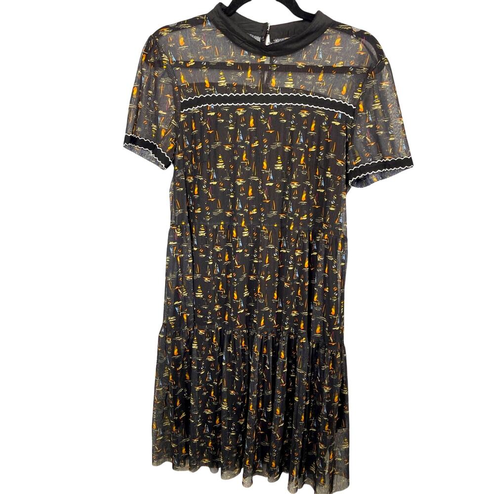 YDY Navy Nautical Boat Print Mesh Midi Dress Tiered Blue Coastal Cottagecore M